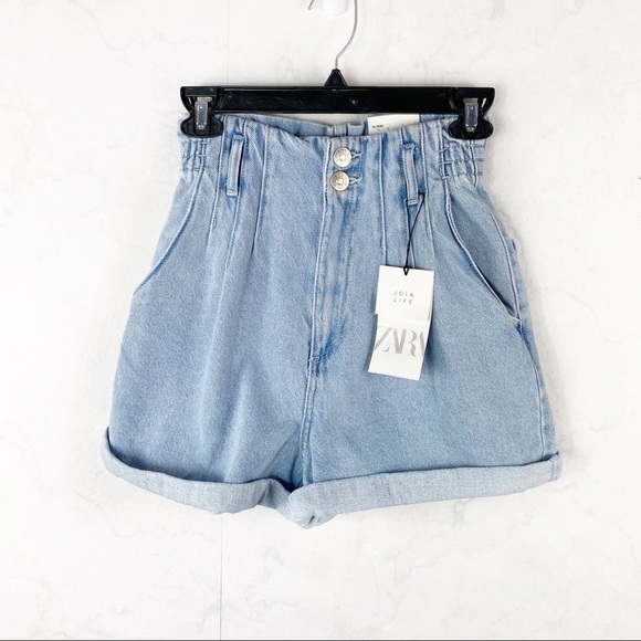 [Zara] Paperbag Denim High Rise Bermuda Shorts - Picture 1 of 7